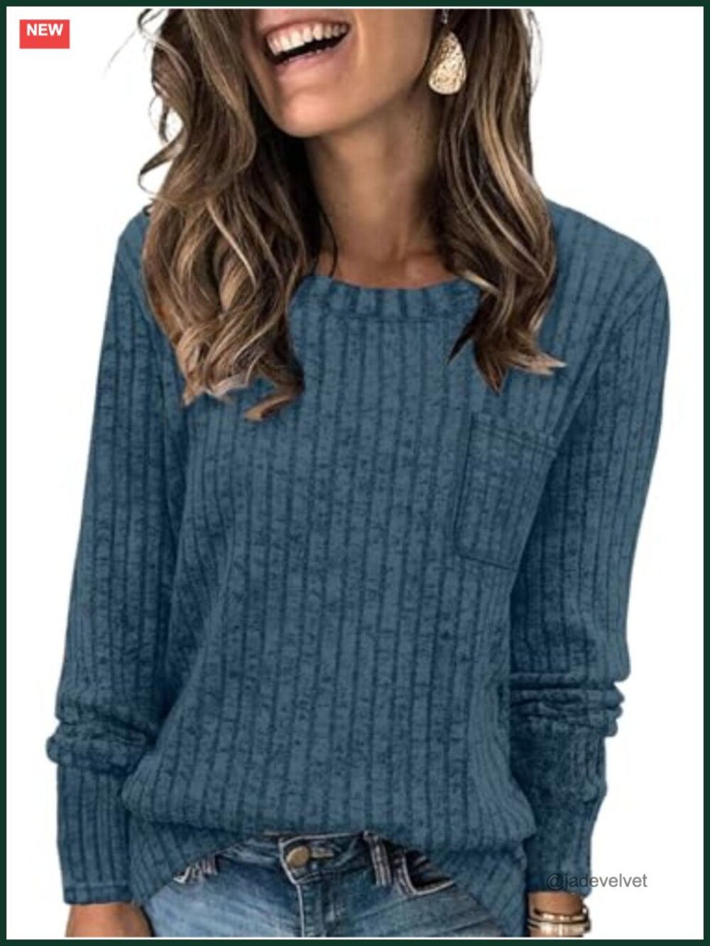 Ribbed Knit Sweater Tunic Long Sleeve Crewneck Pullover with Pocket